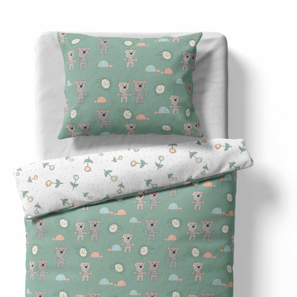 Baby crib bedding – Teddy bear and turtle – mint/white