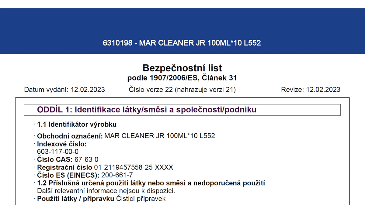 Náhled: Bezpečnostní list – čistič 6310198