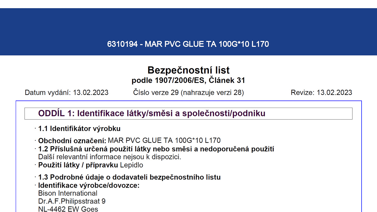 Náhled: Bezpečnostní list – lepidlo 6310194