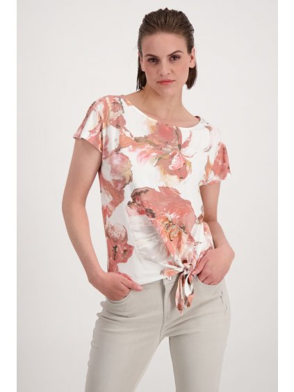 Kurzarm Shirt mit Rundhals und Allover Flower Print Weiss Rosa monari 32565