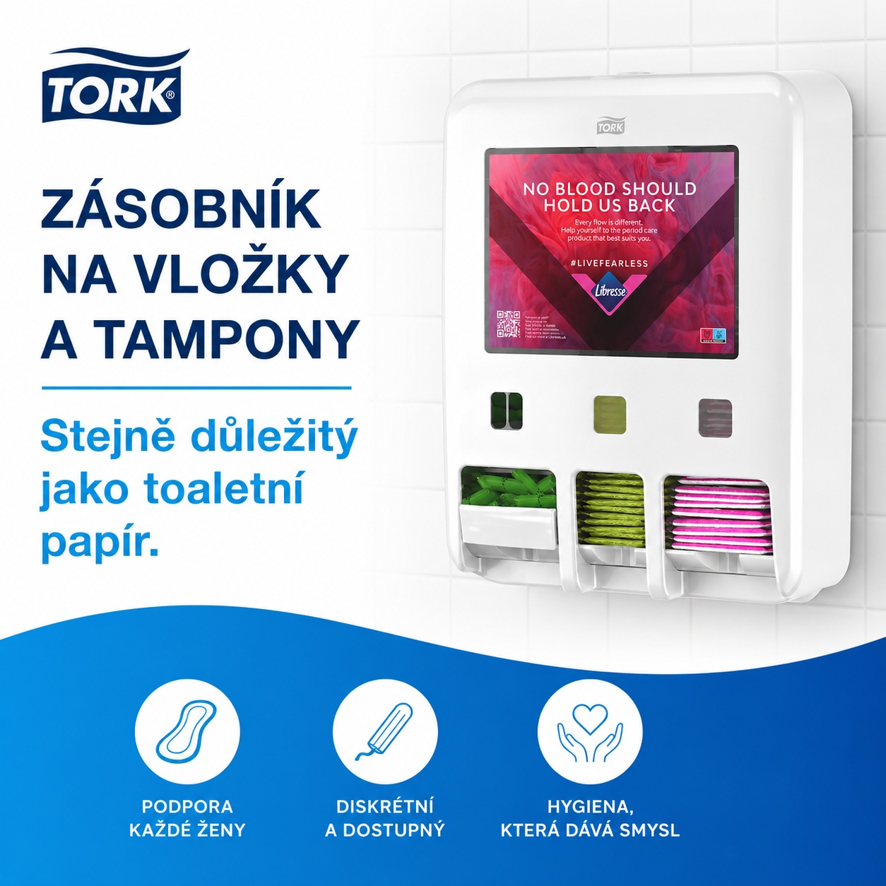Tork zásobník na vložky a tampony: Menstruační potřeby dostupné pro všechny.