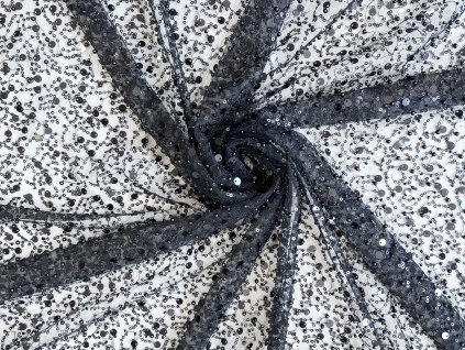 Krajka výšivka na tylu s korálky a flitry černá