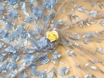 Vyšívaná modro-šedá krajka s květinovým 3D vzorem