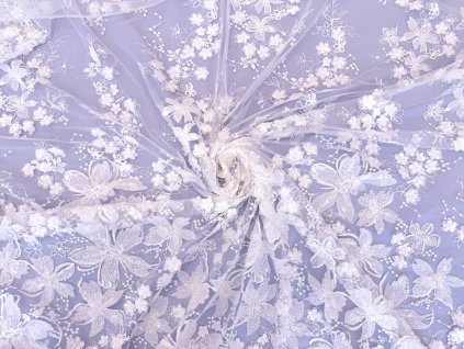 Luxusní ivory krajka s 3D květinami, korálky a flitry