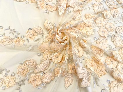 3D vyšívaná krajka – meruňkové květy a listy s bohatým zdobením