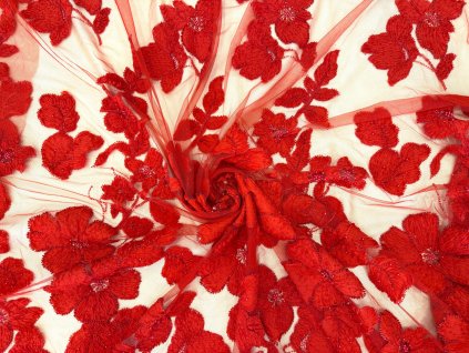 3D krajka s korálky a perlami - červená