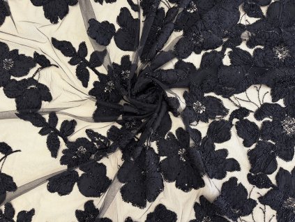 3D krajka s korálky a perlami - černá