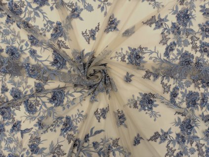 Vyšívaná krajka s korálky a flitry – modro-šedý květinový vzor