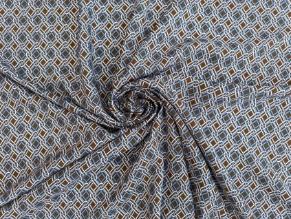 Viskózová látka s geometrickým vzorem – hnědo-modrá, řetízkový motiv