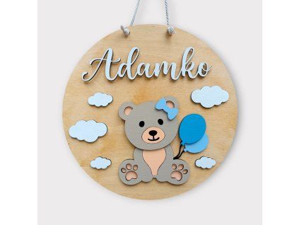 Drevená menovka Macík modrá