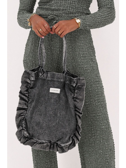 product images grey denim tote bag with ruffles 1