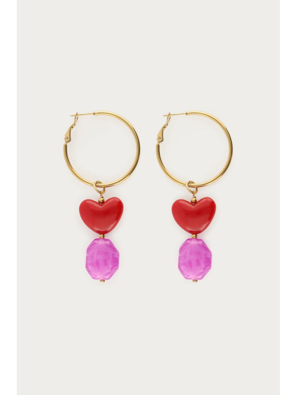 product images earrings with red heart and purple beads gold front