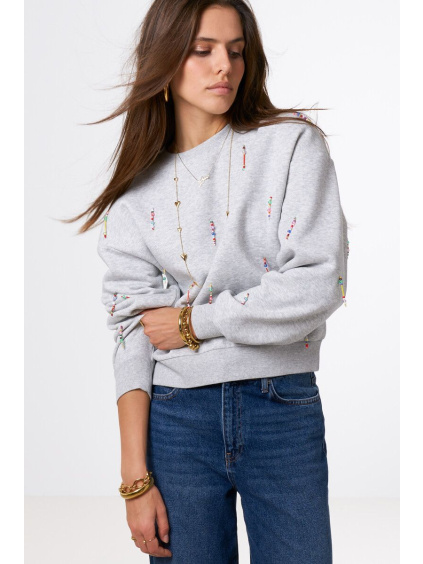 product images light grey sweater with coloured beaded fringes front