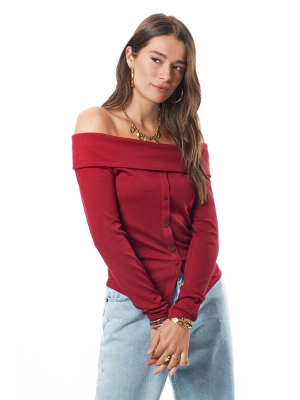 product images red off shoulder top with buttons front