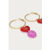 product images earrings with red heart and purple beads gold closeup