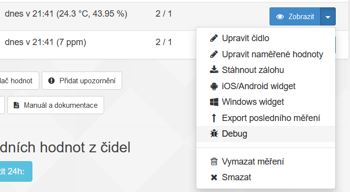 Seznam čidel: Debug