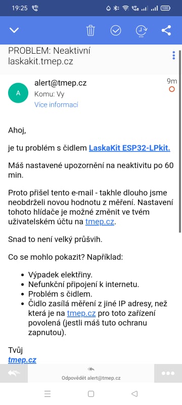 Neaktivita čidla.