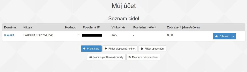 Seznam čidel s  už přidaným čidlem.