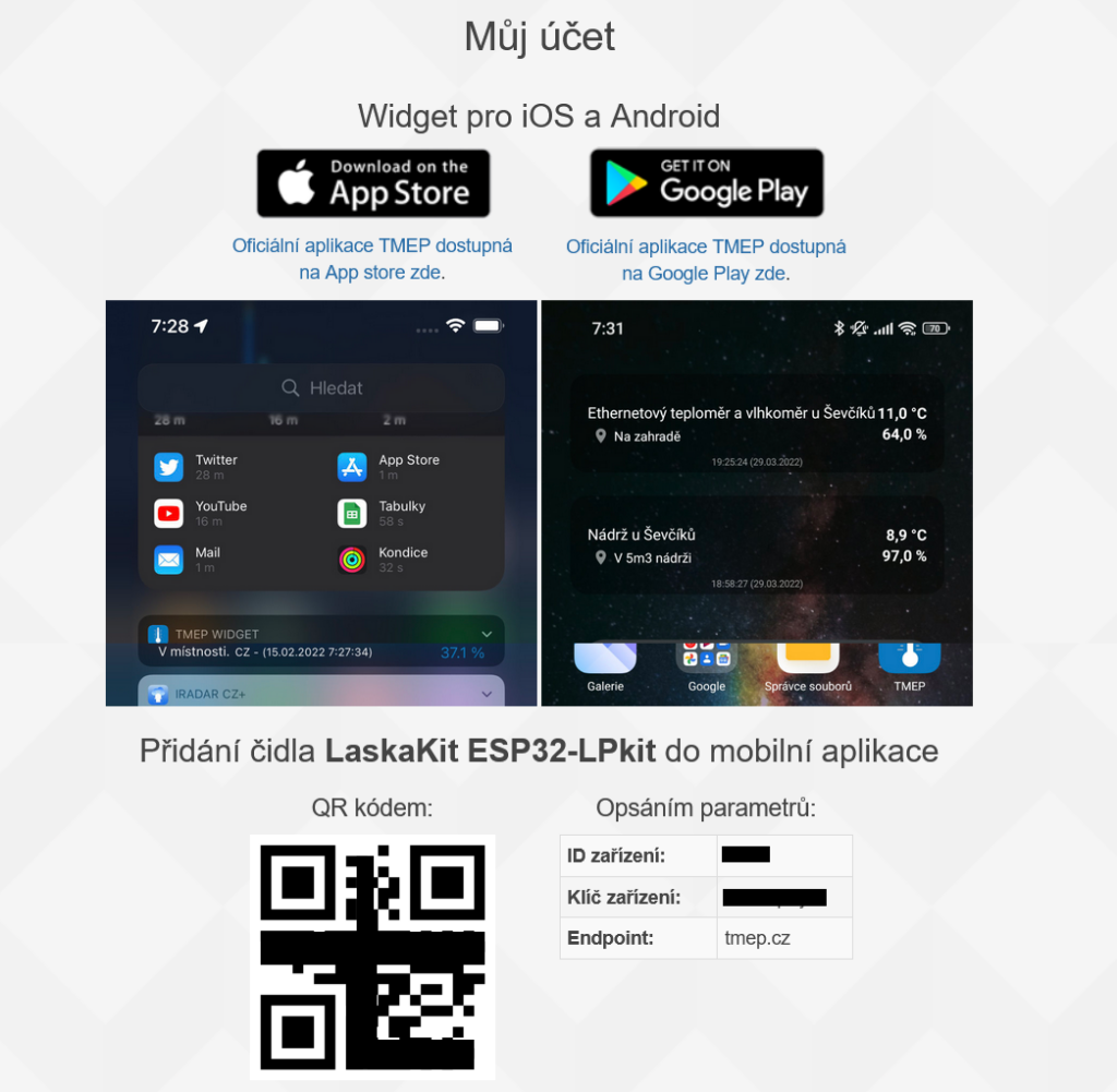 Přidání čidla do aplikace - QR kód, ID zařízení a klíč.