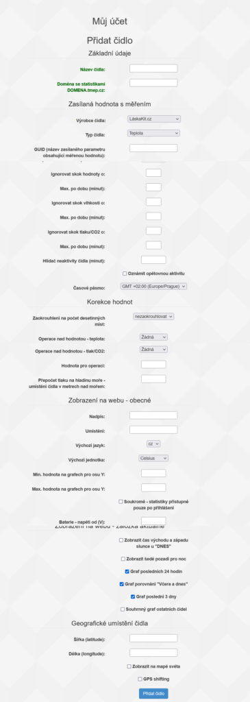 Přidání  čidla - výchozí nastavení.