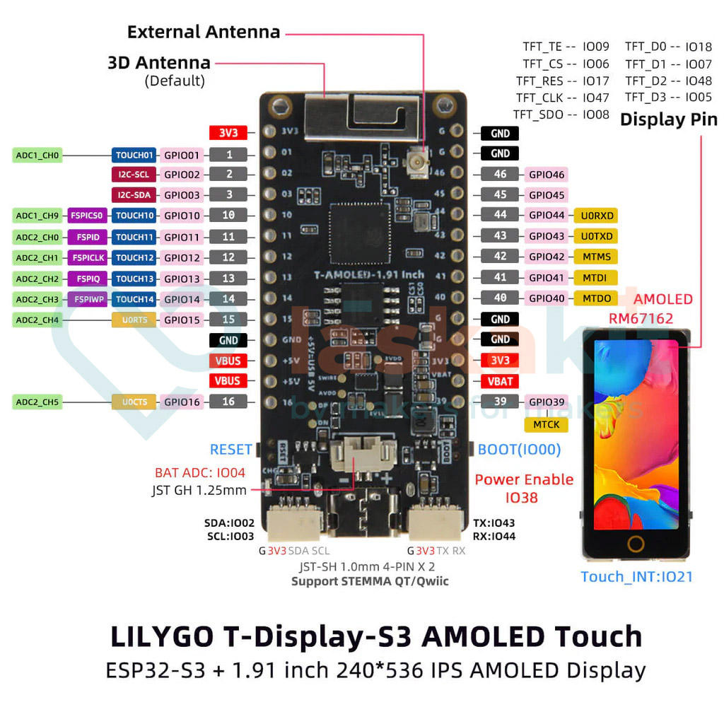 LaskaKit-lilygo-ttgo-t-display-s3-amoled-esp32-s3-1-9-rm67162-wifi-modul-pin