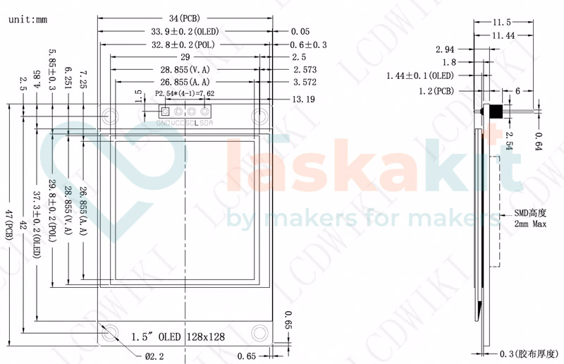 LaskaKit-oled-displej-bily-sh1107-128x128-1-5--i2c-d