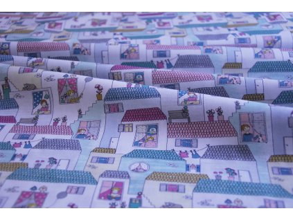 Popelín bavlna dětský motiv - domečky - zbytek látky