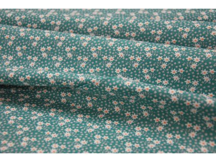 Bavlněné plátno bílé květy, zelená - zbytek látky