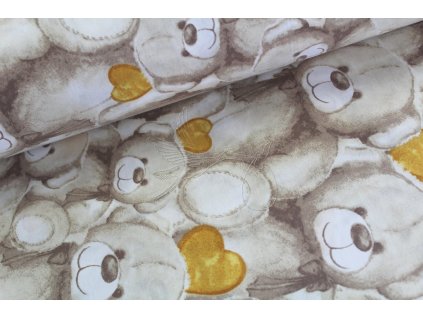 Medvídci se žlutými srdíčky - bavlněné plátno, šíře 240cm