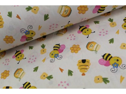Včelky na krémové - bavlněné plátno, šíře 240cm