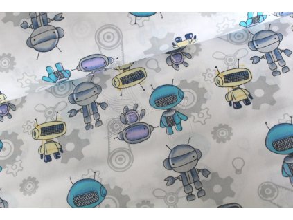 8355 roboti na bile bavlnene platno sire 160cm