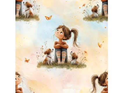 Zbytek 90cm - Žebrovaný úplet dívka s pejsky 180g