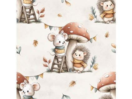 Zbytek 15cm - Nepočesaná teplákovina myška s ježečkem a muchomůrkou 250g