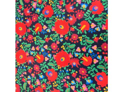 Polyesterová tkanina folklórne kvety červeno-zelené