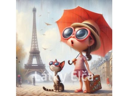 Panel bavlna - kočka s dívkou v Paříži