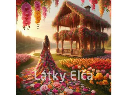 Panel bavlna - květinová dívka u domu 1