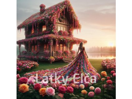 Panel bavlna - květinová dívka u domu 3