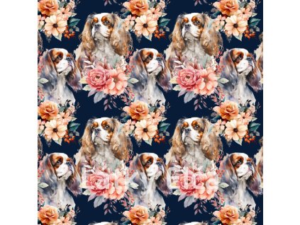 Cavalier King Charles Spaniel watercolor w kwiatach