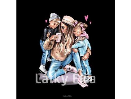 Panel kočárkovina Máma - syn a dcera, kafe (NOVÉ) na černé (Množství - vyberte variantu velikost 50x50cm - za 130,-/ks)