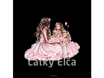 Panel kočárkovina Máma a 2 dcery (růžové šatičky, na černé) (Množství - vyberte variantu velikost 50x50cm - za 130,-/ks)