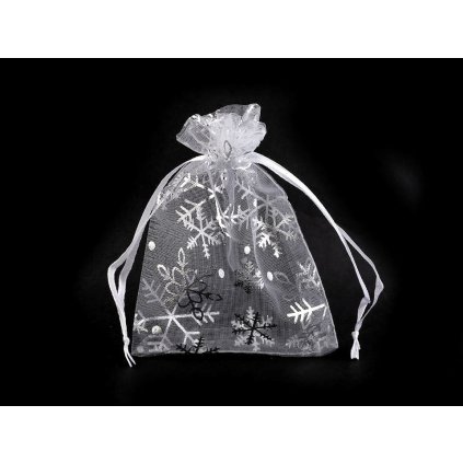 Vánoční dárkový pytlík vločky 9x12 cm organza (Varianta 1 bílá stříbrná, Balení 10 ks)