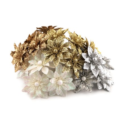 Vánoční hvězda na drátku s glitry (Varianta 1 krémová světlá, Balení 6 ks)