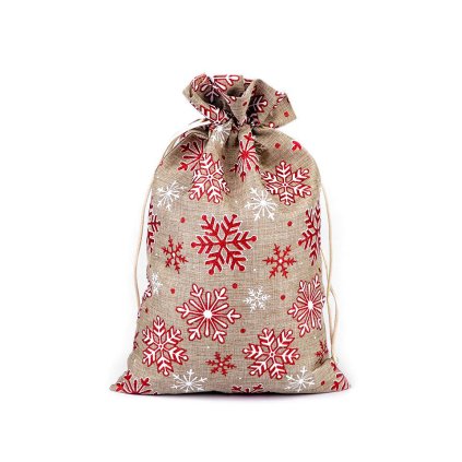 Vánoční dárkový pytlík vločky s glitry 20,5x30,5 cm imitace juty (Varianta režná přírodní, Balení 10 ks)
