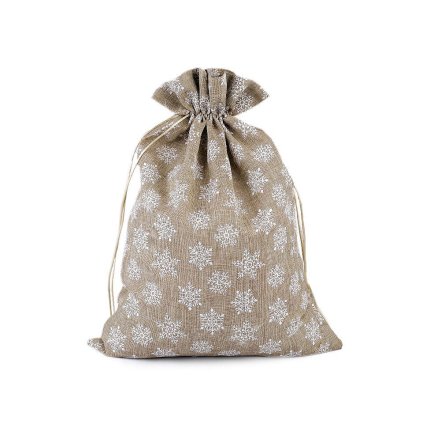 Vánoční dárkový pytlík vločky s glitry velký 30x40 cm imitace juty (Varianta režná, Balení 1 ks)
