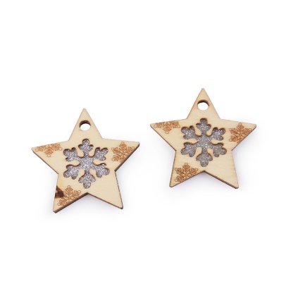 Dřevěná ozdoba stromeček, vločka s glitry k zavěšení (Varianta 1 přírodní sv. hvězda, Balení 2 ks)