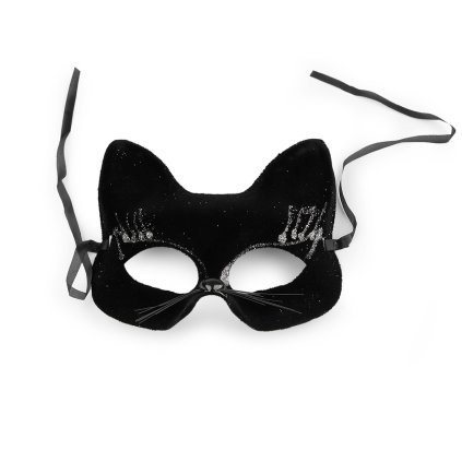 Karnevalová maska - škraboška sametová s glitry kočka (Varianta 1 černá stříbrná, Balení 1 ks)