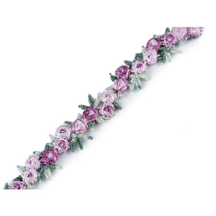 Vyšívaný prýmek s 3D květy šíře 15 mm (Varianta 1 fialová sv., Balení 9 m)