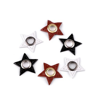 Průchodka s koženkovou hvězdou k našití, průvlek 8 mm (Varianta 1 bílá černý nikl, Balení 20 ks)