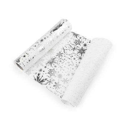 Vánoční velvet / samet k výrobě běhounů a dekorací - vločka, šíře 28 cm (Varianta 1 bílá stříbrná, Balení 2.7 m)