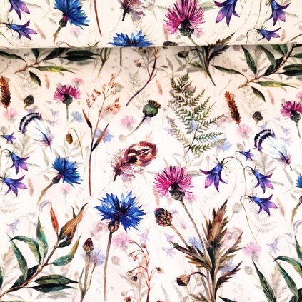 Bavlněný úplet –  chrpy na letní louce